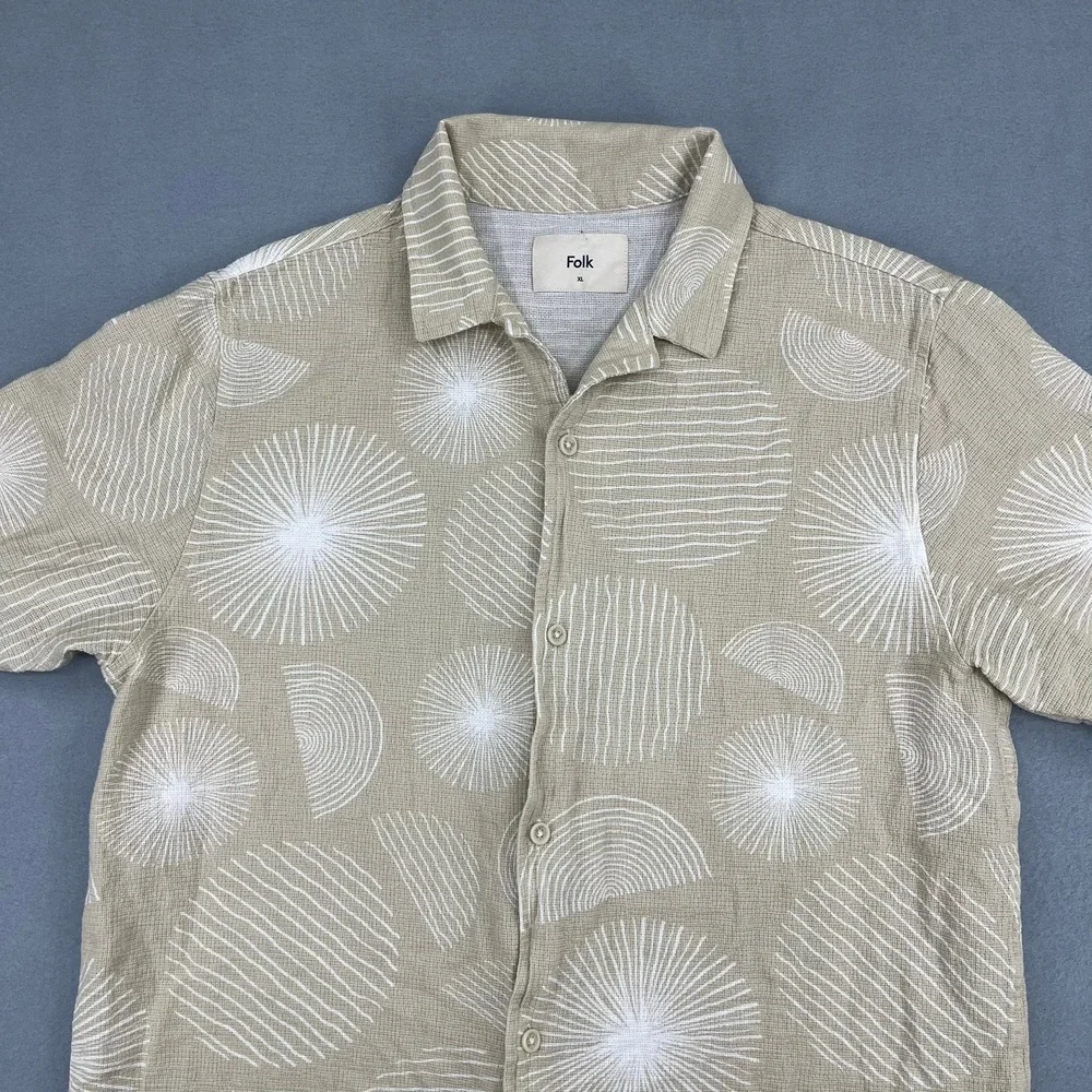 Folk Mens XL Tan Geometric Sunburst Print Textured Cotton Short Sleeve Shirt - Picture 2 of 13